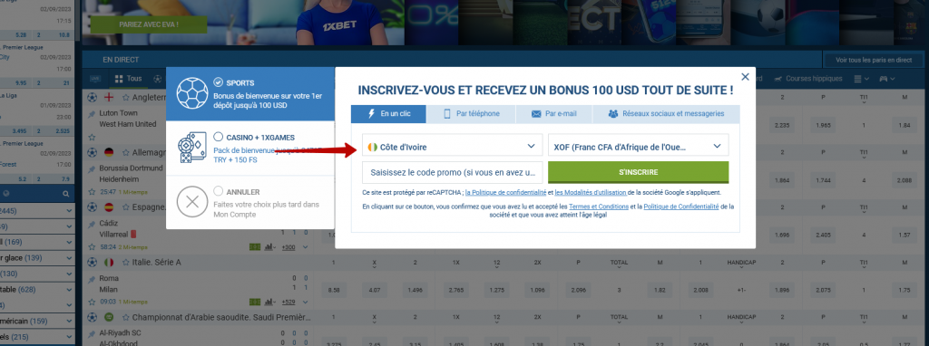 1xBet inscription en un clic