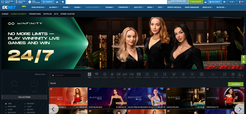 Aperçu du Casino en Direct 1xBet