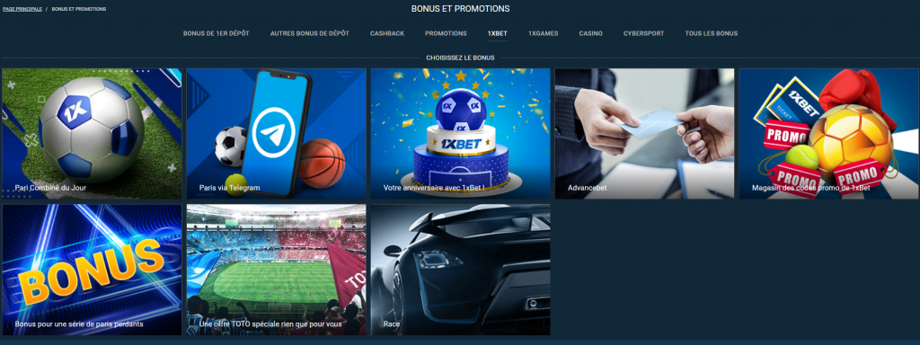 Autres promotions de la société de paris 1xBet