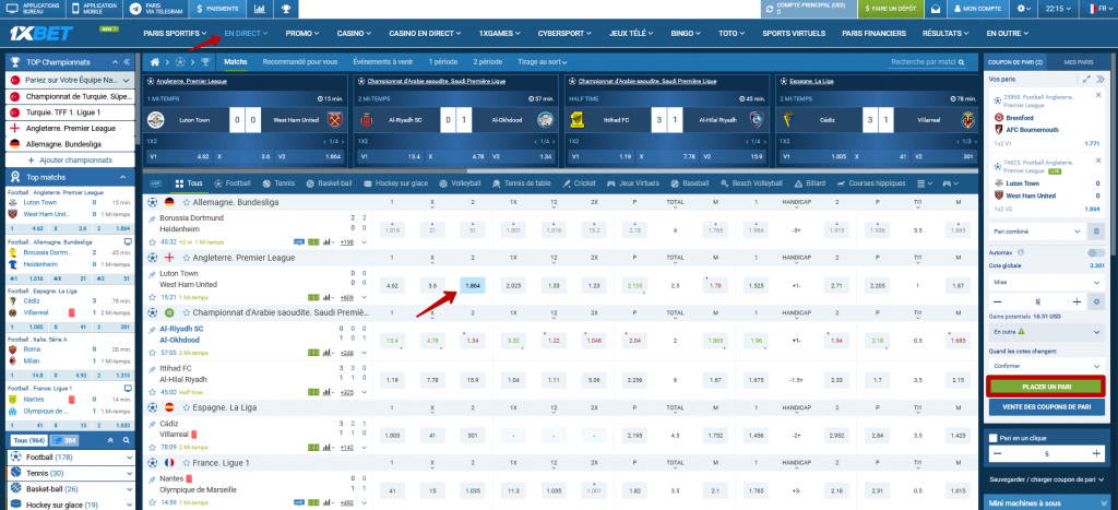 Les paris 1xBet en direct