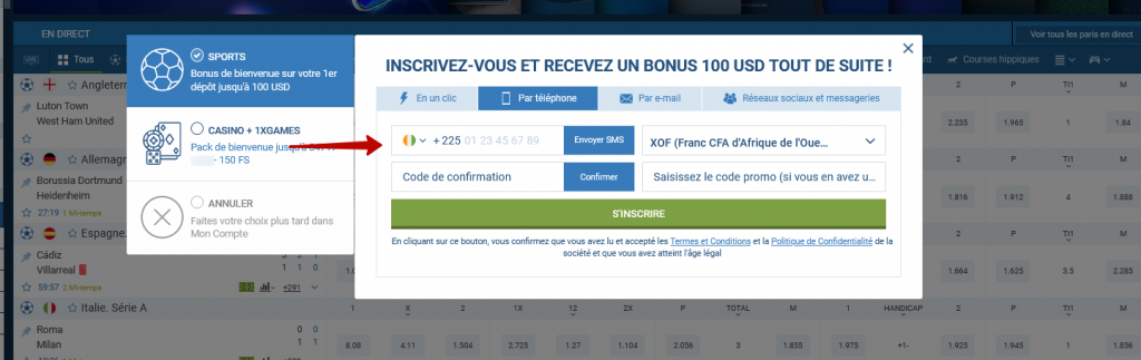 1xBet création de compte par numéro de téléphone